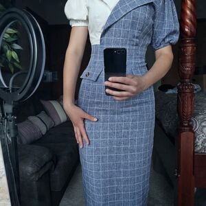 Blue Windowpane Sheath Dress with Puff Sleeve Detail